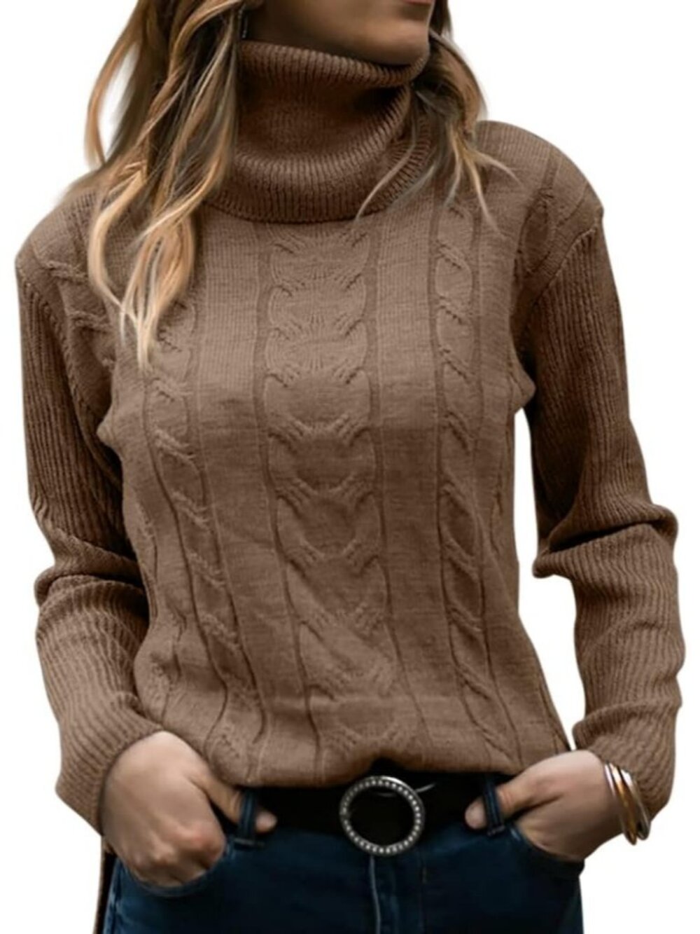 Women's Brown Turtleneck Long Sleeve Cable Knit Slim-Fit Style Stylish Sweaters